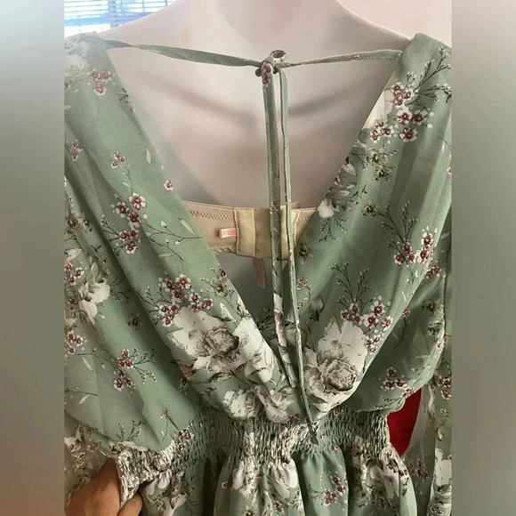 Prettywear Women's Floral Chiffon Long Sleeve Mini Dress Flowy A-Line Wrap Neck - Picture 3 of 9